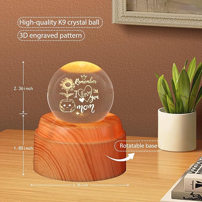 ZHSHWAT Gifts for Mom-Engraved Crystal Ball Night Light with Faux Wood Rotating Base - I Love You Mom Sunflower Design, USB-Powered Decor, Christmas Birthday Gifts for Mother from Daughter Son