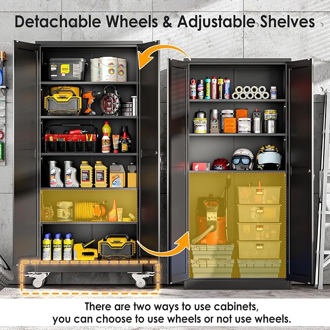 PAOFIN 75''H Metal Garage Storage Cabinet with Wheels,Steel File Cabinets with 2 Doors and 5 Adjustable Shelves for Home Office, Warehouse, Required Assembly,Black
