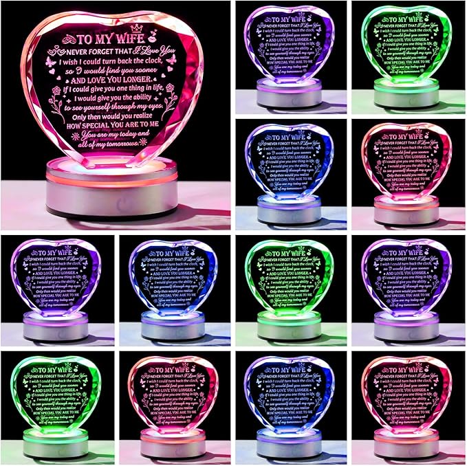 Gifts for Wife - Crystal Keepsakes Wife Gifts from Husband with Colorful LED Base Best Christmas Birthday Gifts for Wife Romantic Anniversary Wedding Gifts to My Wife Valentine Mother's Day Gift Ideas