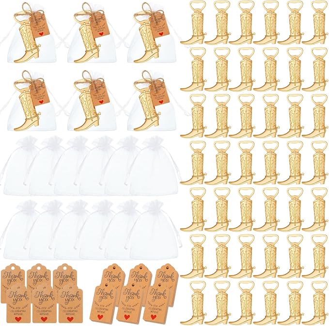 251 Pcs Cowboy Boot Bottle Opener Set Cowgirl Western Derby Wedding Party Favor Includes Cowboy Beer Bottle Opener Organza Bag Thank You Tag and Jute Rope for Guest Wedding Party Baby Shower