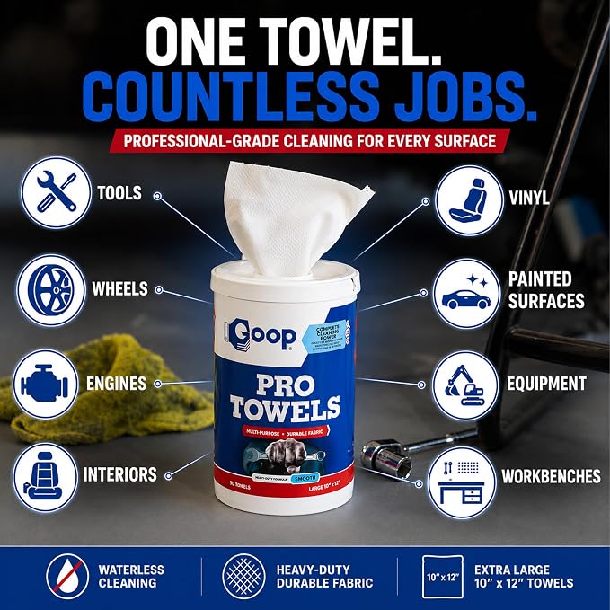GOOP Pro Towels Heavy-Duty Multi-Surface Cleaning Wipes – Removes Engine Grease, Grime & Paint – Safe for Tools, Machinery & Painted Surfaces – 90 Extra Large 10" x 12" Towels (Pack of 6)
