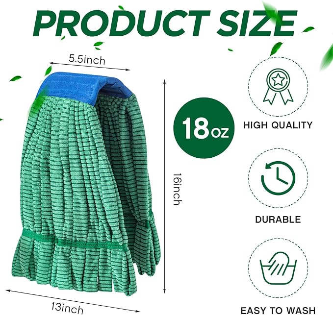 Hushee 20 Pack Large Microfiber Tube Mop Heads 18 oz Heavy Duty Commercial Industrial Wet Mop Head Refill Reusable Machine Washable Looped End Mopheads for Hardwood, Tile, Laminate Floors, Green
