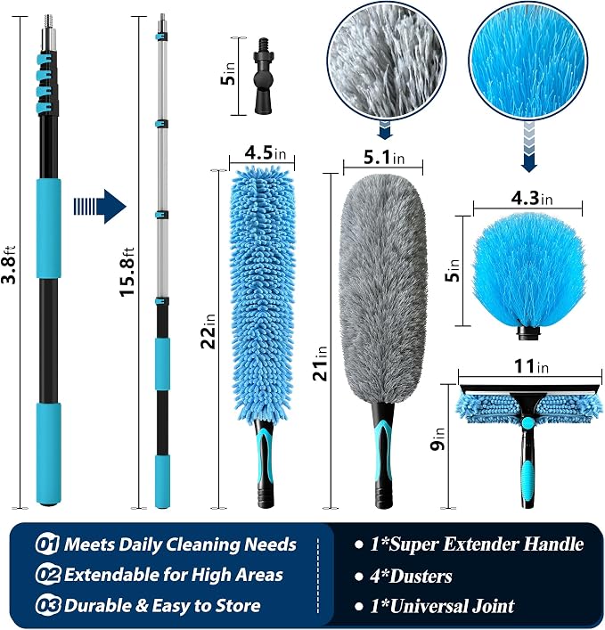 COVERONICS 23FT High Duster Cleaning Tools with 4-16FT Extension Poles | Reusable Fan Duster Cleaning Kits with Ceiling Fan Cleaner Duster, Window Squeegee, Microfiber Feather Duster & Cobweb Duster