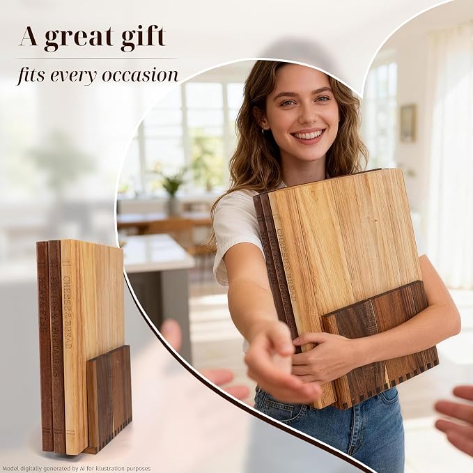 Book Cutting Board Set with Wooden Stand for Home Cooks | 3 Labeled Boards for Fruits Veggies,Meat Fish,Bread Cheese Organized Prep,No Cross Contamination