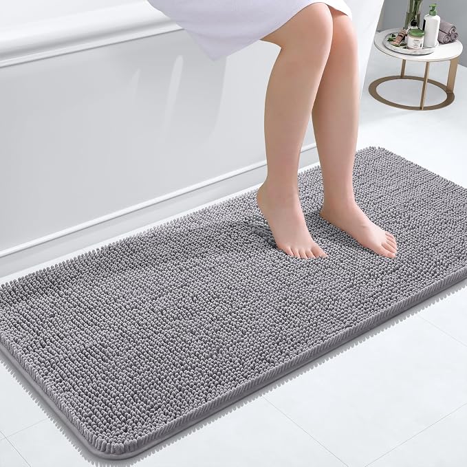 OLANLY Bathroom Runner Rugs 47x20, Extra Soft Absorbent Chenille Bath Rugs, Rubber Backing Quick Dry, Machine Washable Long Bath Mats for Bathroom Floor, Tub and Shower, Home Decor Accessories, Grey