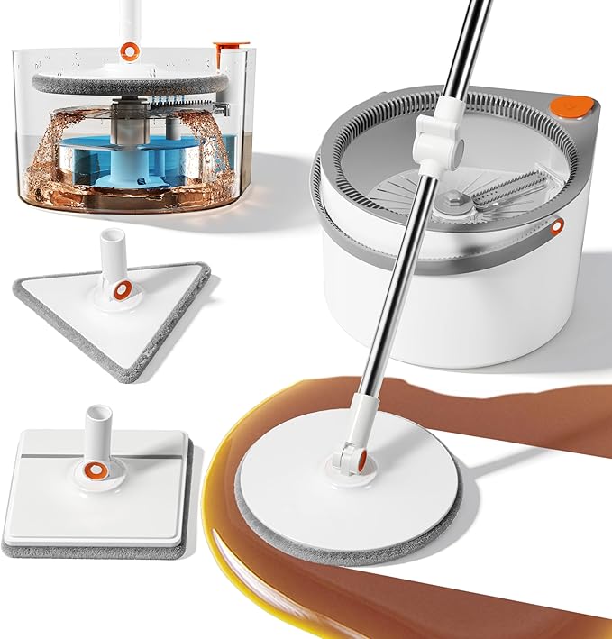 3-in-1 Spin Mop and Bucket Set with Clean Water Separation, 71” Extra Long Handle for Wall Cleaning, 3 Specialized Heads for Baseboards & Corners, 6 Microfiber Refills for Hardwood Floor Care