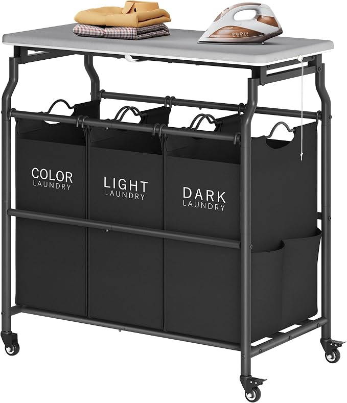 Hoctieon 3 Section Laundry Sorter with Iorning Board, Laundry Hamper, Black | Lockable Wheels, Laundry Basket Organizer with Wheels, Heavy Duty Clothes Organizer, Large Clothes Separator, Removable Bags