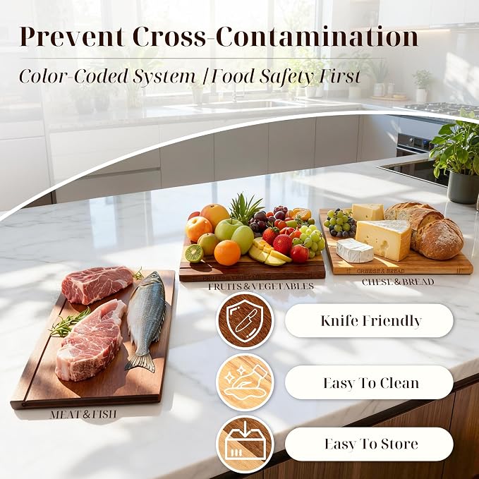 Book Cutting Board Set with Wooden Stand for Home Cooks | 3 Labeled Boards for Fruits Veggies,Meat Fish,Bread Cheese Organized Prep,No Cross Contamination