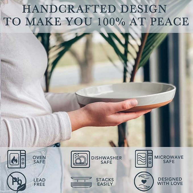 Mora Ceramic Flat Pasta Bowl Set of 4-35oz, Microwave Safe Plate with High Edge - Modern Porcelain Dinnerware for Kitchen and Eating, Large Wide Bowls/Plates for Serving Dinner, Salad, etc- Grey