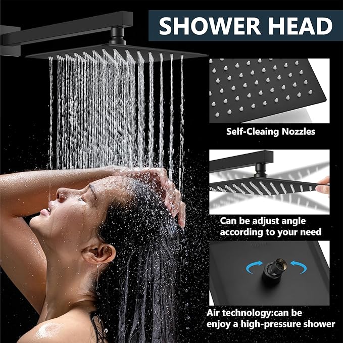 Aolemi Shower Faucet Set Rain Shower System with Handheld Spray Bathroom Shower Combo Rough-in Valve and Shower Trim Kit Included Matte Black 12 Inch Wall Mount Shower Head