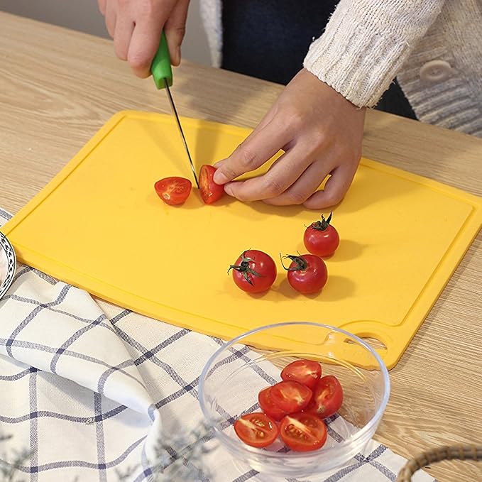 Thick Cutting Boards for Kitchen Silicone Chopping Board Set of 2 Mid 12.6'' x 9.1”,Mini 9.1”x7.1” Non-slip Deep Drip Juice Groove Easy Grip Handle,Dishwasher Safe-Yellow
