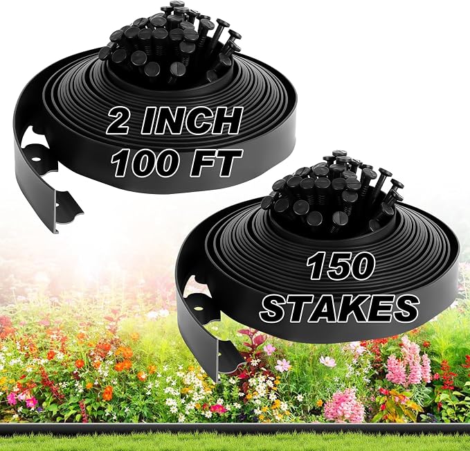 No Dig Landscape Edging 2 Inch x 100 FT, Heavy Duty Flexible Plastic Garden Border with 150 Spiral Spikes, Lawn Edging for Flower Beds, Walkways, Tree Rings, Mulch Beds and Landscaping, Black