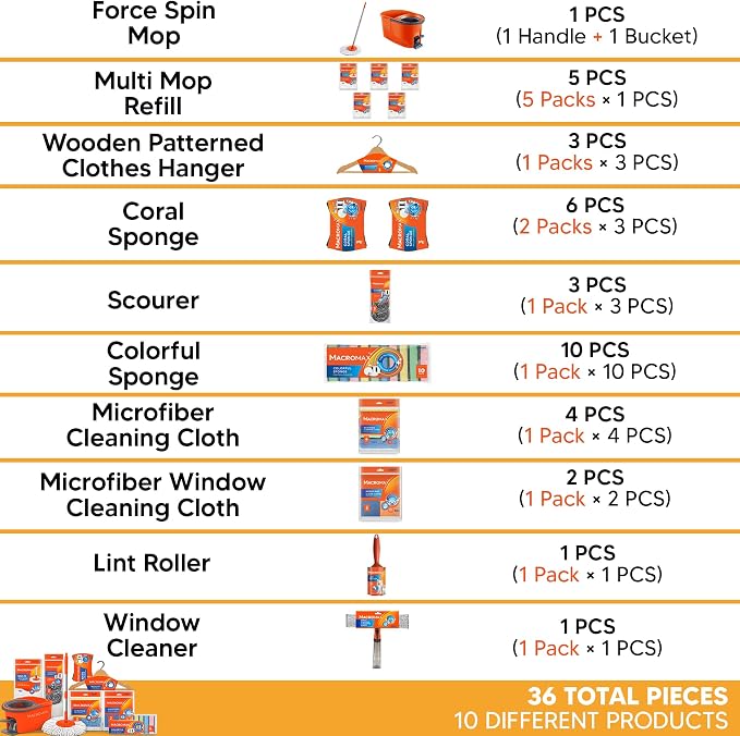 Home Cleaning Kit with Force Spin Mop Refills Cloths Sponges Scourers Lint Roller Trash Bags Supplies Set