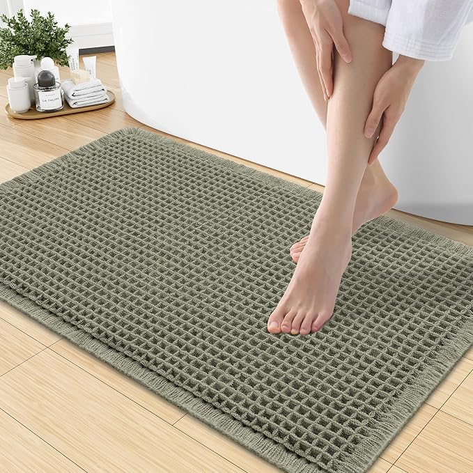 Smiry Waffle Bath Mat 30x18, Extra Soft Absorbent Bathroom Rugs, Non Slip Machine Washable Quick Dry Bath Rugs for Bathroom Floor, Tub, Shower, Home Decor Accessories, Green