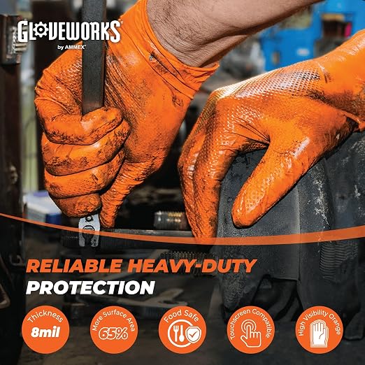 GLOVEWORKS Orange Nitrile Work Gloves, 8 Mil Disposable Heavy Duty, Raised Diamond Grip Mechanic Glove, XXL, 4 Cases of 1000