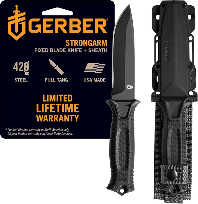Gerber Gear StrongArm Fixed Blade Knife - Tactical Survival Knife for Camping & Hunting - Made in USA - Plain Edge - Black