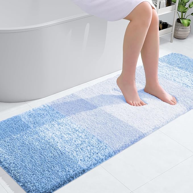 OLANLY Bathroom Runner Rugs Mat 59x20, Extra Soft Absorbent Microfiber Bath Rugs, Rubber Backing, Quick Dry, Washable Long Bath Mats for Bathroom, Tub and Shower, Home Decor Accessories, Light Blue