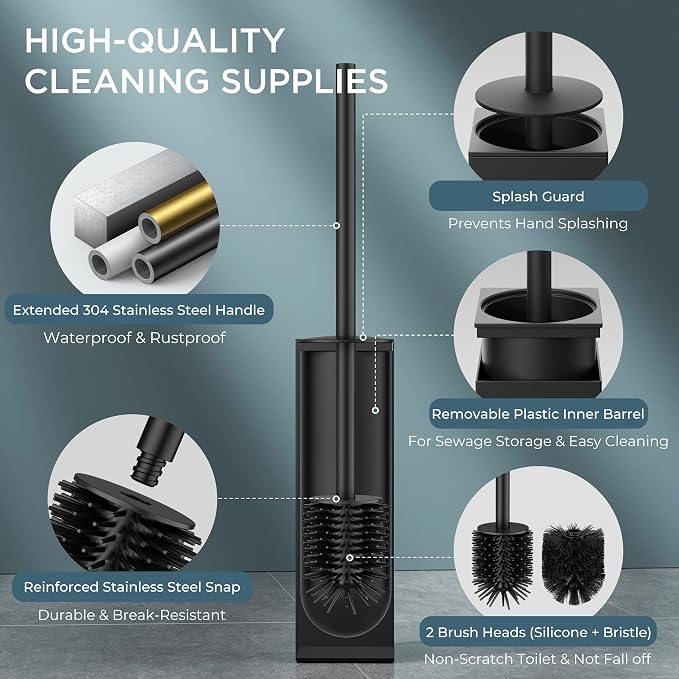 FORIOUS Tall Toilet Brush and Holder Set, Heavy Duty 304 Stainless Steel Base Square and Long Handle for Bathroom Deep Cleaning, Drip-Proof, Space Saving for Storage, 2 Toilet Bowl Brush Head, Black