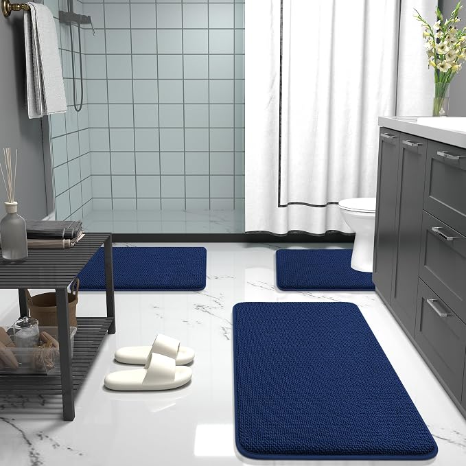 OLANLY Thick Memory Foam Bathroom Rugs 30x18, Soft Absorbent Bath Mat, Navy | Quick Dry Bath Mat Rugs, Non-Slip Mats, Machine Washable Carpet for Bathroom Floor, Tub and Shower, Home Decor Accessories