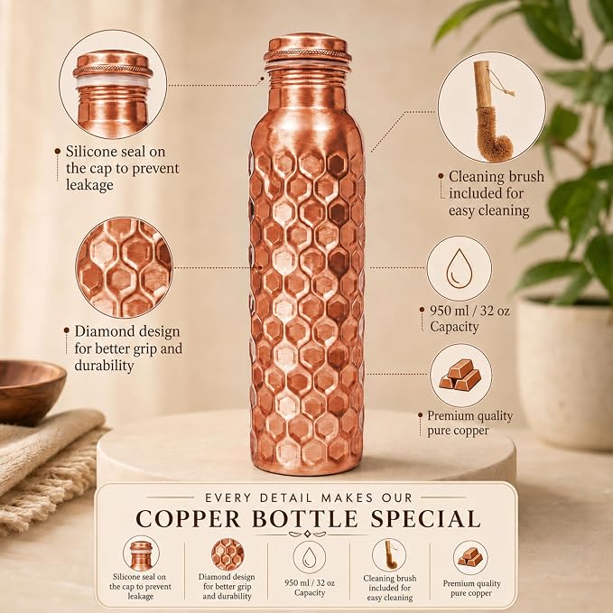 Copper Water Bottle,Ayurvedic Pure Copper Bottle For Drinking - Drink More Water, Lower Your Sugar Intake And Enjoy the Health Benefits Immediately,32 Oz(1Cleaning Brush +3 Diamond Bottle)