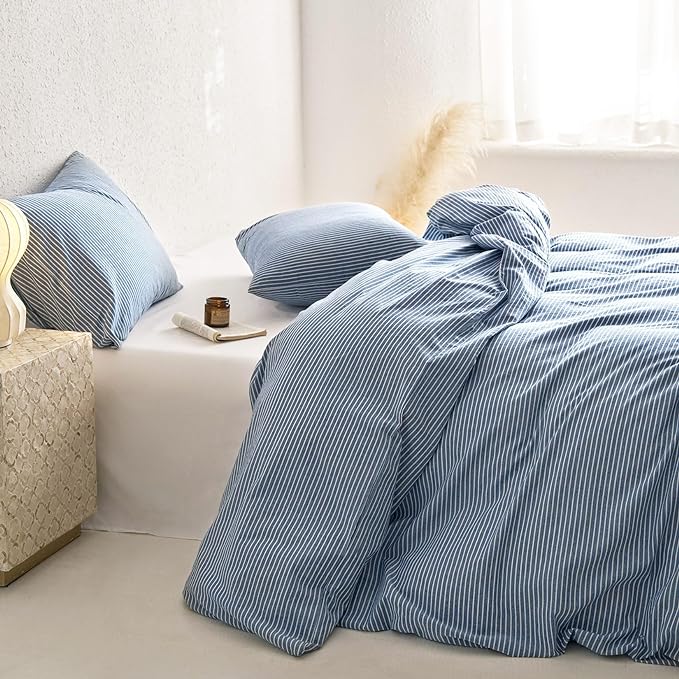 Wake In Cloud - Striped Cotton Duvet Cover Set, 100% Washed Cotton Textured Bedding Set, Ticking Stripe Pinstripe Farmhouse, 3 Pieces, Denim Blue, King Size