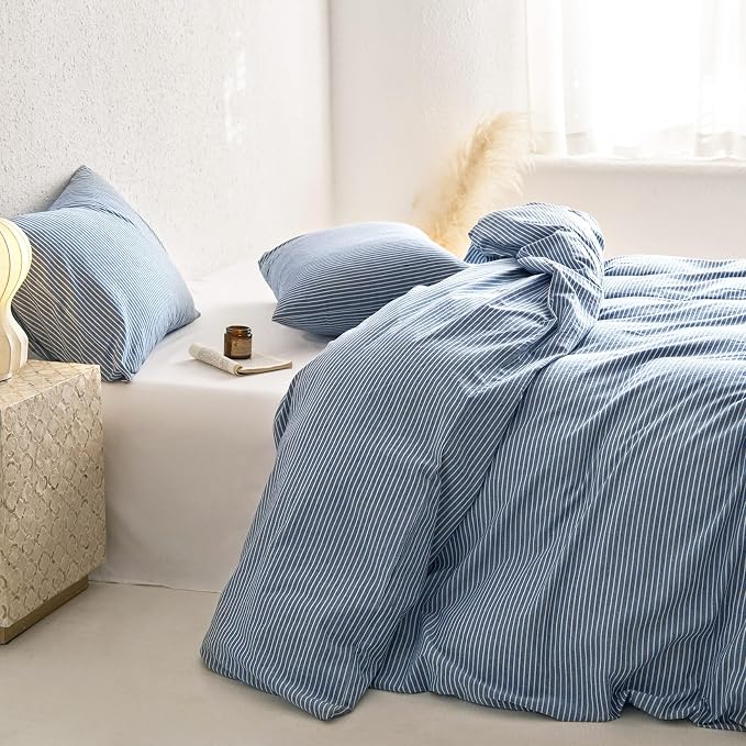 Wake In Cloud - Striped Cotton Duvet Cover Set, 100% Washed Cotton Textured Bedding Set, Ticking Stripe Pinstripe Farmhouse, 3 Pieces, Denim Blue, Full Size
