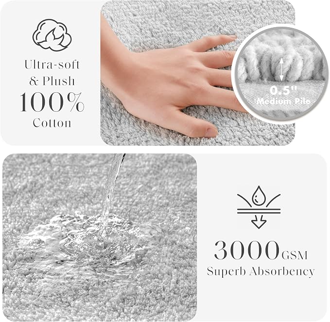 Madison Park Splendor Reversible 100% Cotton Bath Rug, 17 x 24, Grey | Tufted Bathroom Mat, 3000 GSM, Hotel Quality, Luxurious Plush, Medium Pile, Absorbent, Quick Dry, OEKO-TEX, Shower Room Décor