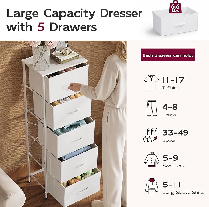 WLIVE Fabric Dresser, 5-Drawer Tall Dressers for Bedroom, Storage Dresser Organizer with Fabric Bins, Wood Top, Sturdy Steel Frame, Chest of Drawers for Closet, Hallway, White