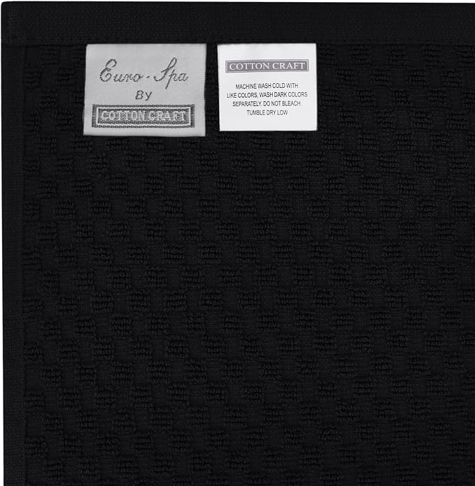COTTON CRAFT Euro Spa Waffle Weave 6 Piece Towel Set - 100% Cotton - Black | 2 Oversized Luxurious Large Bath Towels, 2 Hand Towels, 2 Washcloths - Soft Plush Super Absorbent Low Lint Quick Dry