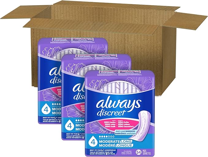 Always Discreet Adult Incontinence Pads for Women, Drier, 4 Drop Long Length, Moderate Absorbency, Pads for Bladder Control Management, Bladder Leaks, & Postpartum Pads, 162ct