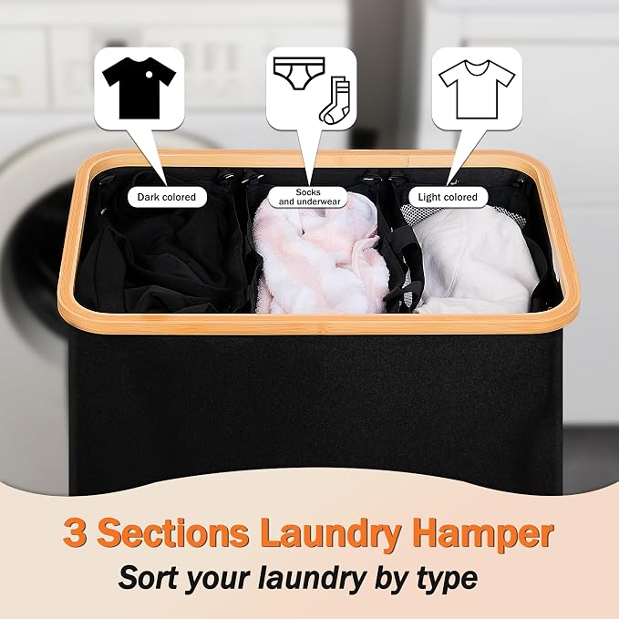 efluky Laundry Hamper with Lid, Trio Laundry Basket with 2 Removable Bags, 3 Section Laundry Bin with Bamboo Handles for Bathroom, Bedroom & Laundry Room, 160L (42.3 Gallon) Black