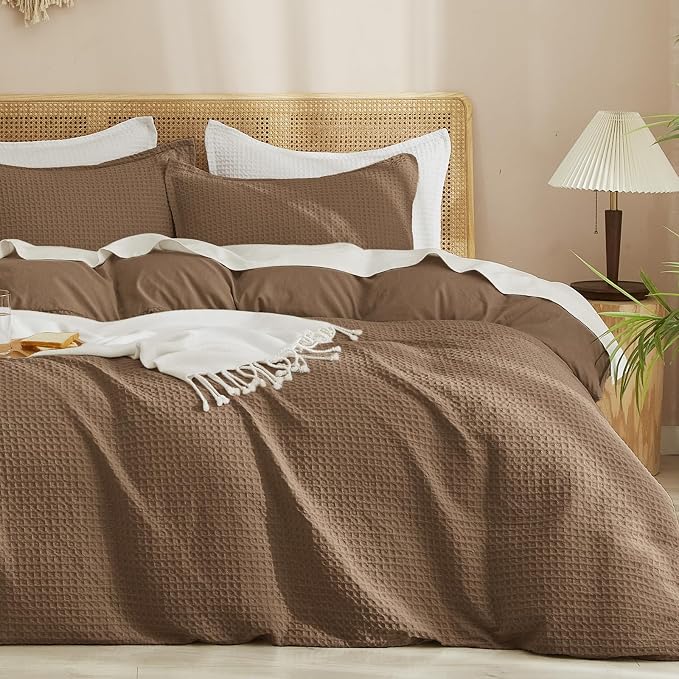 PHF Waffle Duvet Cover Set King Size, No Snagging Ultra Soft Luxury Textured Breathable Comforter Cover for All Season 3pcs, Durable Bedding Duvet Set with 2 Pillow Shams, 104"x90", Mocha