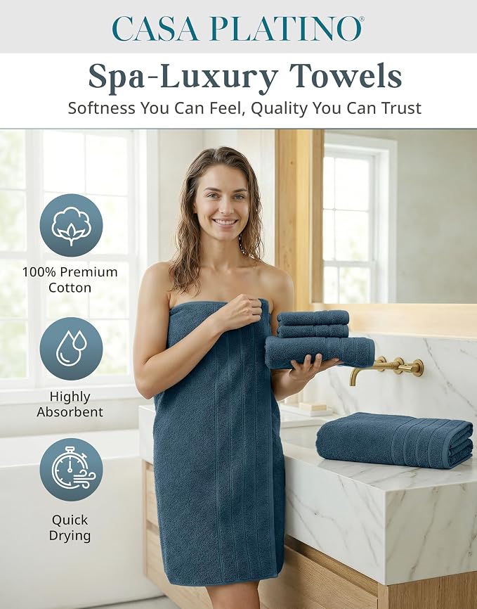 Casa Platino Bath Towel Set Quick Dry 100% Cotton 18 Piece - Steel Blue | Cotton Towels - Classic Terry Weave, Densely Woven, Coordinated Colors, Dobby Border Accent, OEKO-TEX Certified