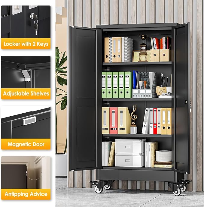 PAOFIN Metal Garage Storage Cabinet with Wheels,Steel File Cabinets with 2 Doors and 3 Adjustable Shelves for Home Office, Warehouse, Required Assembly,Black