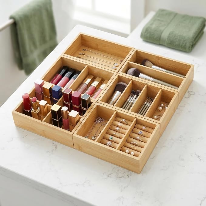 Bamboo Drawer Organizer with Removable Dividers, Fits Kitchens, Bathrooms, Desk, Utensil, Makeup (Natural, S)