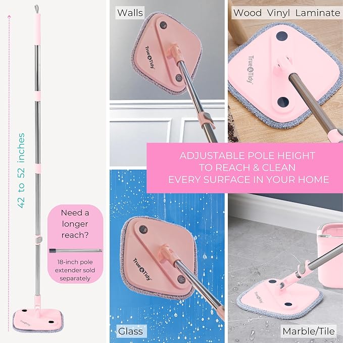 True & Tidy Pink Square Spin Mop and Bucket System, 2 Machine Washable Pads