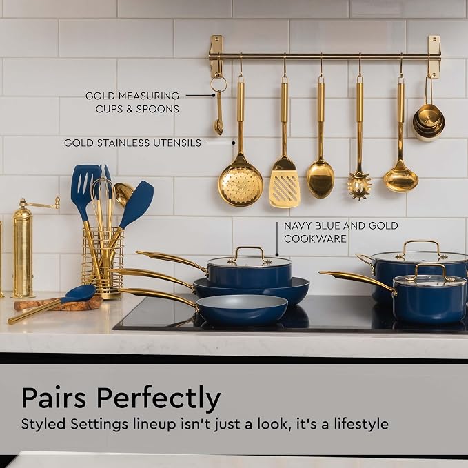 Gold and Navy Blue Kitchen Utensils Set - 7-Piece Silicone Cooking Tools for Nonstick Cookware with Utensil Holder - Stylish Cooking Gifts for Modern Kitchens