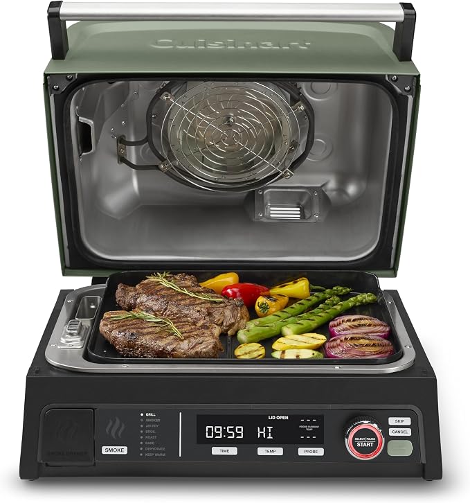 Cuisinart Outdoor Electric Grill, 8-in-1 Air Fryer/Grill/Smoker, 154 sq in | CEG-1302, Cuisinart FlavorBoost 8-in-1 outdoor electric grill, 1800W small electric grill with air fryer & wood-pellet drawer