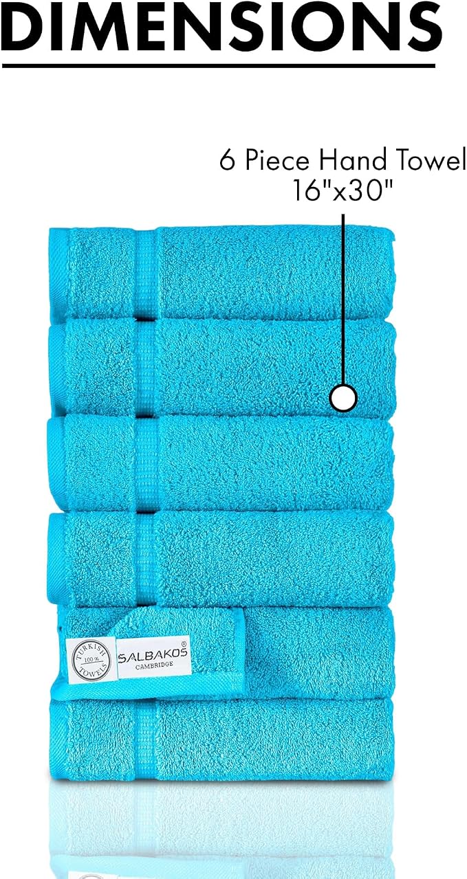 SALBAKOS 6-Piece 100% Turkish Cotton Hand Towels, 16x30 inch, Aqua | Large Size Thick Super Soft Highly Absorbent, Versatile Hair Face & Hand Drying Towel, Premium Hotel Quality Made in Turkey