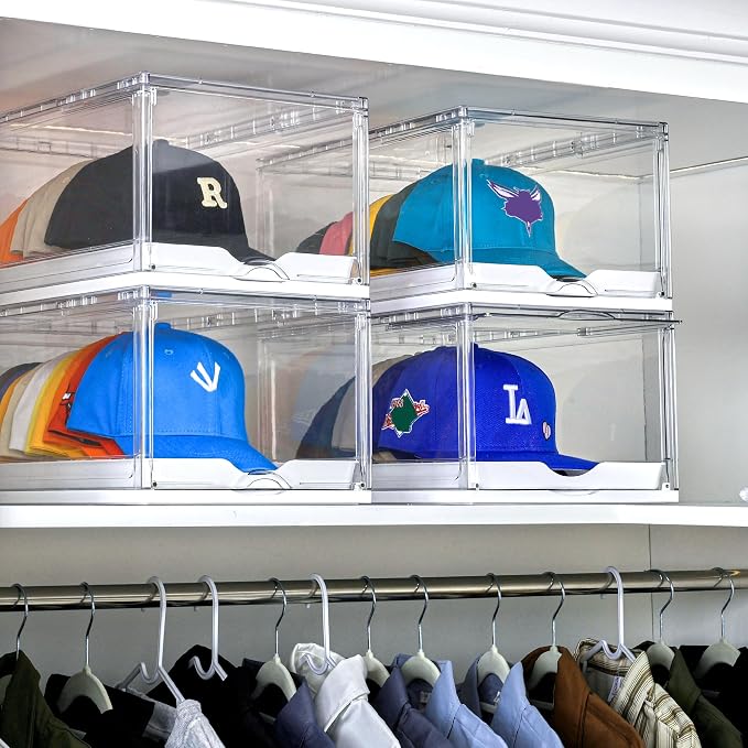 Vtopmart 4 Pack Hat Organizer for Baseball Caps, Clear Hats Holder Box with Drawer, Large Cap Storage with Sliding Tray, Stackable Rack Display Case with Magnetic Door, Each Holds 12 Hats