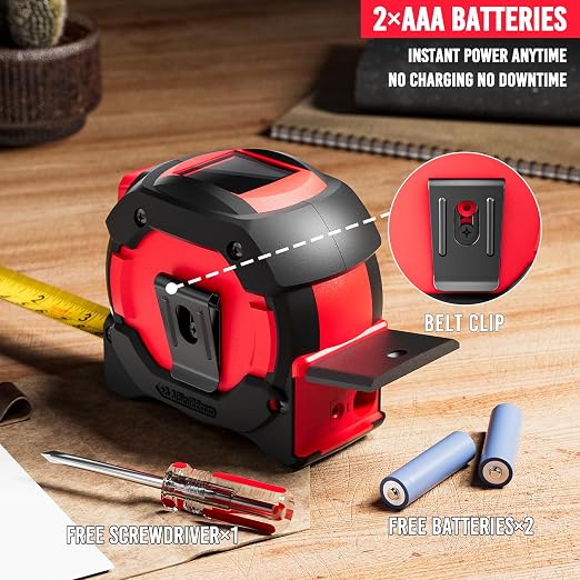 SENDA 3-in-1 Laser Tape Measure - 197Ft Digital Measuring Tape with Led Display&16Ft Measuring Tool with Magnetic Hook & Auto Lock - Pythagorean, Area, Volume, Ft/Ft+in/in/M Unit, AAA Battery*2, Red