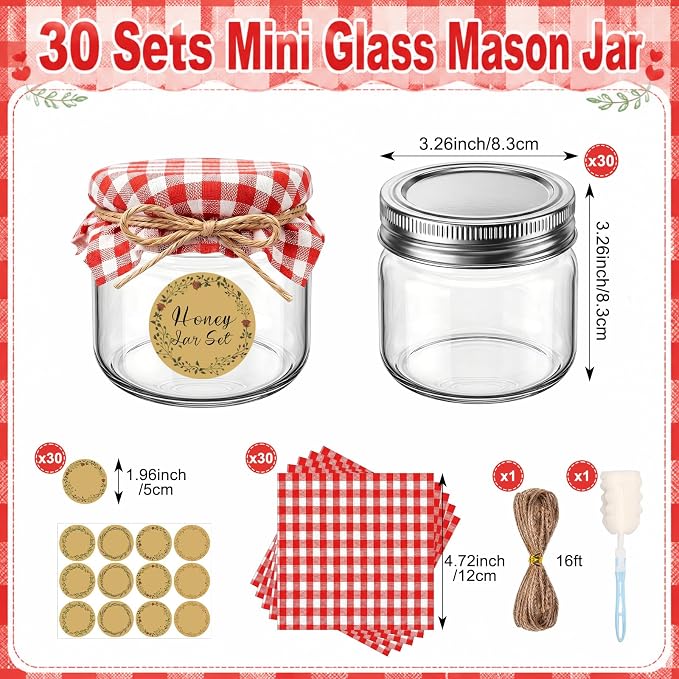 Blushtier 30 Sets 8 oz Mini Yogurt Jars Glass Mason Jar with Lids Red Plaid Muslin Cloth Cover Decorative Jute Rope Brush Glass Bottle for Jam Honey Candy Gift Wedding Favors Birthday Party Decor