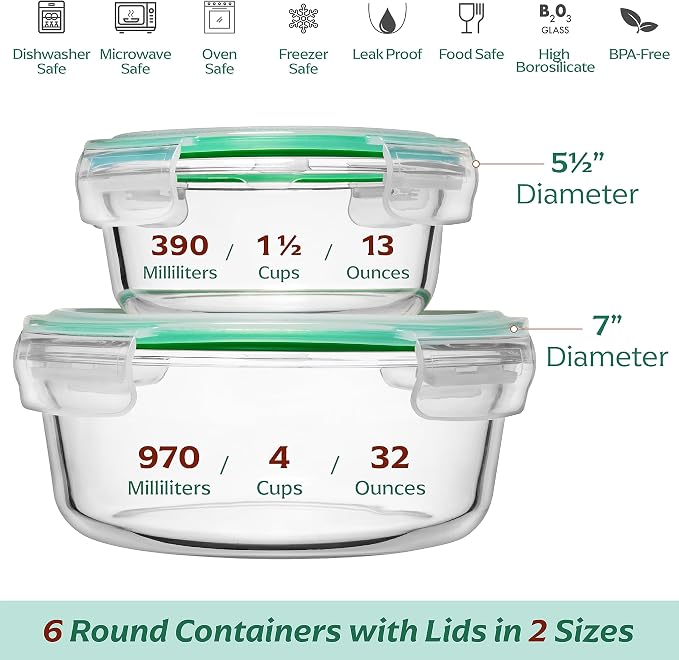 Round Glass Food Containers - 6 Pack, Microwave Safe | Borosilicate Round Bowls, 3x970 ml & 3x390 ml, Airtight Leakproof Lids, Oven Freezer Dishwasher Compatible