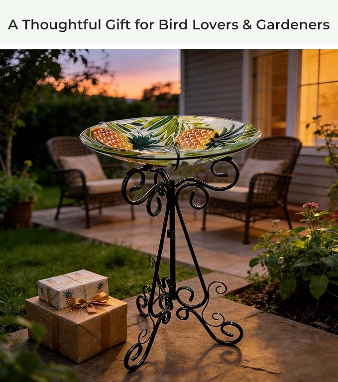 Large Glass Bird Bath with Metal Stand, Pineapple | 18" Wide Bowl, 3.2" Bathing Depth, Thick Glass Construction, Stable 3-Leg Base, Easy Clean Surface, Garden Decor