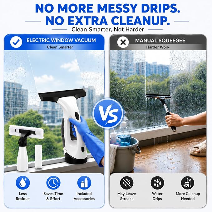 Window Vacuum Squeegee Cordless, Electric Window Cleaner Squeegee with 2000Pa Suction, 280mm Wide Blade, 150ml Tank for Shower Glass, Mirrors, Tiles & Car Windows