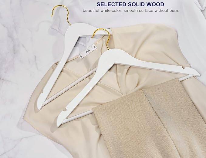 Amber Home 20 Pack White Wooden Coat Hangers with Gold Hook, White Wood Suit Hangers with Non-Slip Pant Bar, Clothes Hangers for Closet Organization, Shirts, Jackets, Dresses and Pants (White+Gold,20)