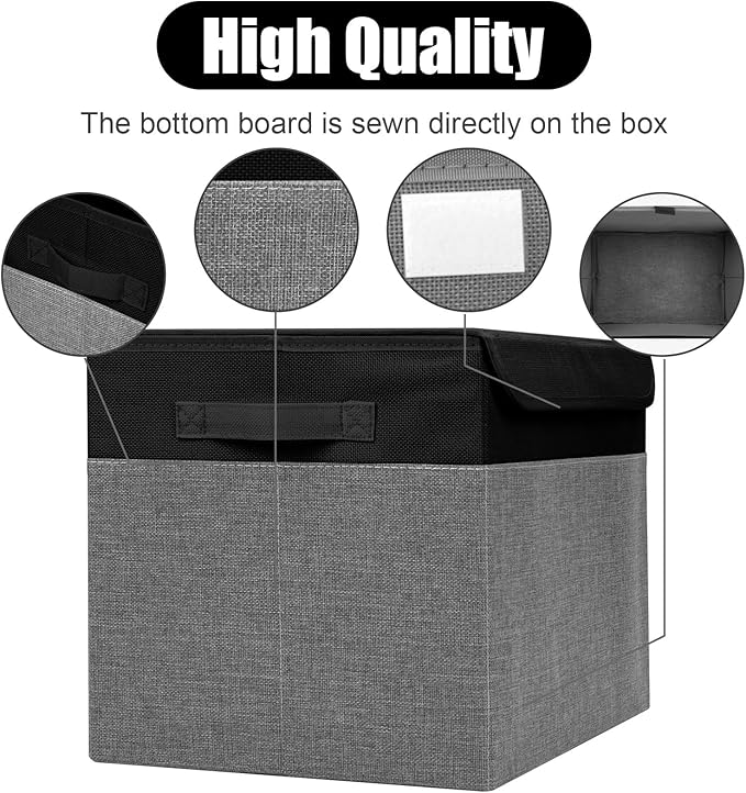 Bagnizer Large 42 Quarts Fabric Storage Bins with Lids [2-Pack] Linen Collapsible Foldable Storage Cubes, Closet Organizer Containers boxes with Handles for Home Office (16.7 x 12 x 12, Black & Gray)