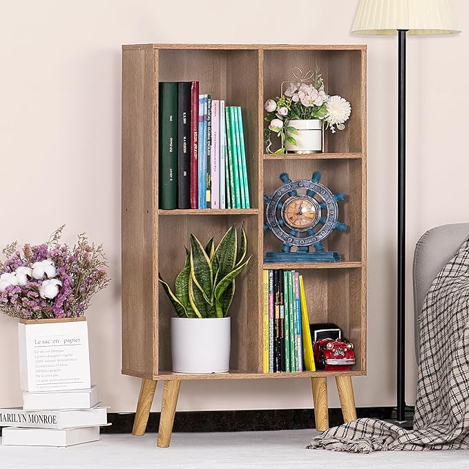 LEYAOYAO 5 Cube Bookshelf, Mid-Century Modern Book Shelf with Legs, Oak | 3 Tier Bookcase, Rustic Wood Bookshelves Freestanding Small Storage Organizer, Open Shelves for Bedroom, Living Room, Office