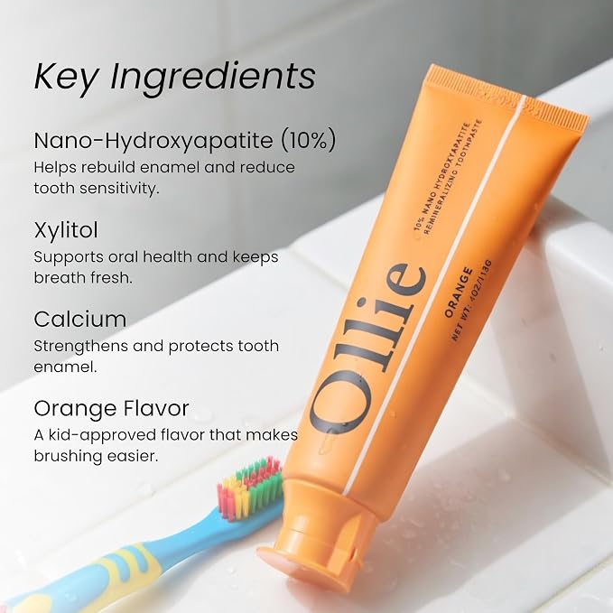 Ollie Fluoride Free 10% Nano Hydroxyapatite Toothpaste, Orange, 4oz | Rod-Shaped Nano HAP, Remineralizes Enamel, Reduces Sensitivity, Reverses Small Cavities, Naturally Whitens Teeth, (Pack of 1)
