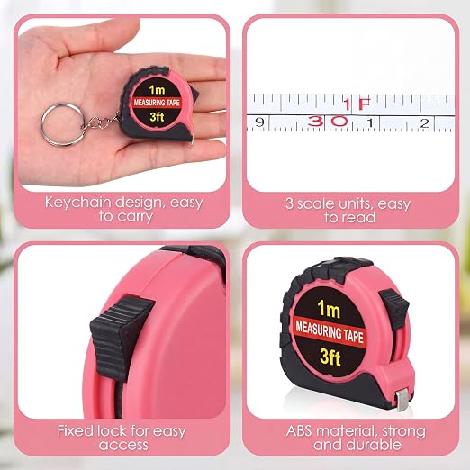 Kanayu 50 Pcs Mini Tape Measure Keychains 3 ft Small Retractable Measuring Tape Bulk with Lock Steel Easy Read Pocket for Birthday Party Favors Daily Use (Rose Pink)